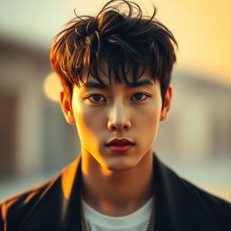 A captivating portrait of Jungkook, featuring a strikingly handsome young man with sharp facial features and expressive eyes