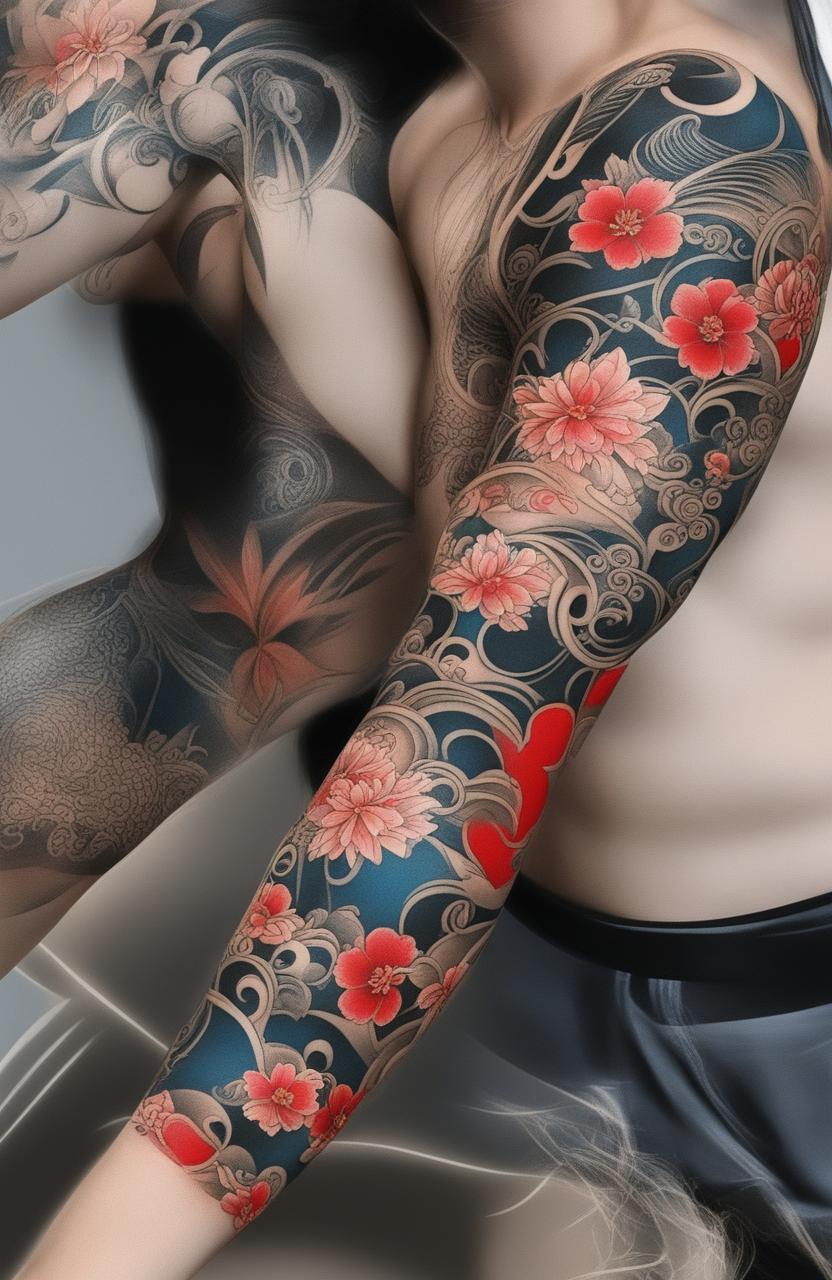 A high-definition image of a Japanese style heart tattoo arm sleeve, featuring a vibrant red heart surrounded by traditional elements like cherry blossoms, waves, and wind swirls