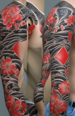 A high-definition image of a Japanese style heart tattoo arm sleeve, featuring a vibrant red heart surrounded by traditional elements like cherry blossoms, waves, and wind swirls