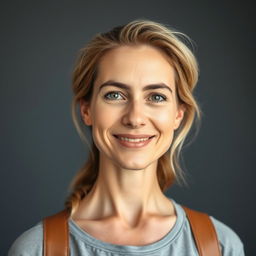 A full-length photo of a healthy, active, and friendly woman aged 30-35 with a natural appearance