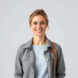 A full-length photo of a healthy, active, and friendly woman aged 30-35 with a natural appearance