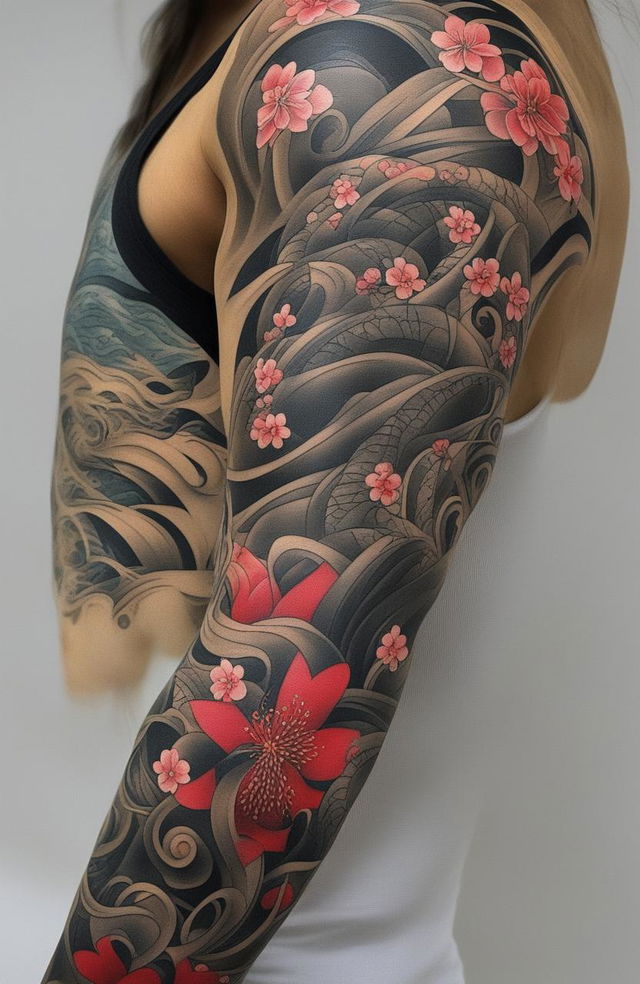 A high-definition image of a Japanese style heart tattoo arm sleeve, featuring a vibrant red heart surrounded by traditional elements like cherry blossoms, waves, and wind swirls