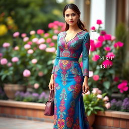 A fashionable woman wearing a stunning, elegant dress that fits her perfectly, showcasing her body measurements: shoulder width 14 inches, chest 35 inches, waist 26 inches, hips 31 inches, sleeve length 13 inches, and dress length 43 inches