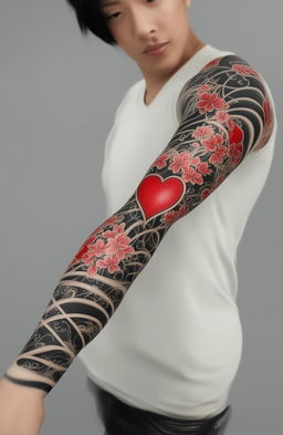 A high-definition image of a Japanese style heart tattoo arm sleeve, featuring a vibrant red heart surrounded by traditional elements like cherry blossoms, waves, and wind swirls