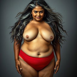 A striking image of a 55-year-old Indian plus-size woman, embodying the essence of a buxom and passionately voluptuous 'cougar'