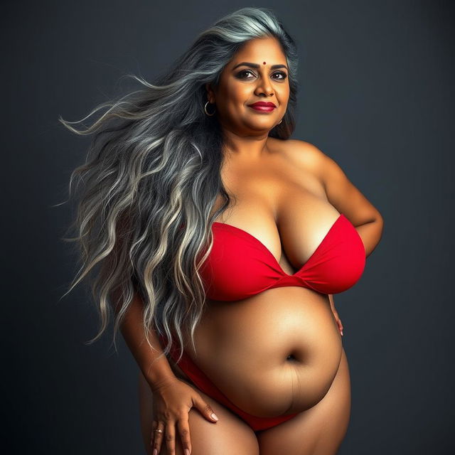 A striking image of a 55-year-old Indian plus-size woman, embodying the essence of a buxom and passionately voluptuous 'cougar'