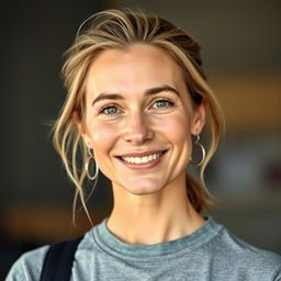 A full-length photo of a healthy, active, and friendly woman aged 30-35 with a natural appearance