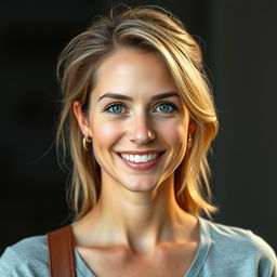 A full-length photo of a healthy, active, and friendly woman aged 30-35 with a natural appearance
