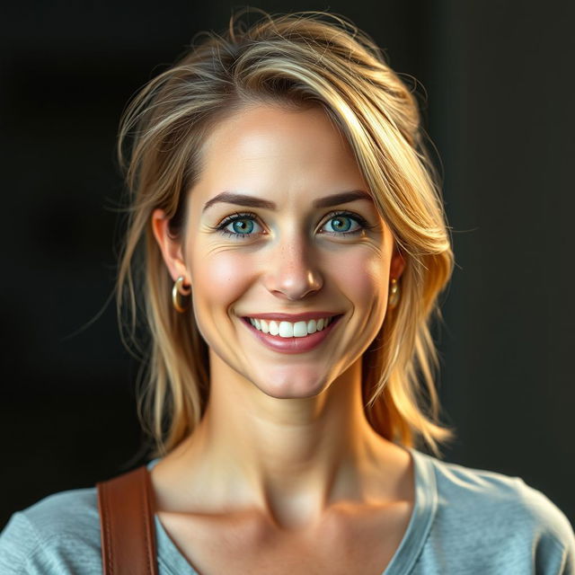 A full-length photo of a healthy, active, and friendly woman aged 30-35 with a natural appearance