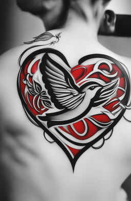 A high-resolution image of a traditional heart tattoo, featuring a vibrant red heart, bold black outlines, and a contrasting white banner