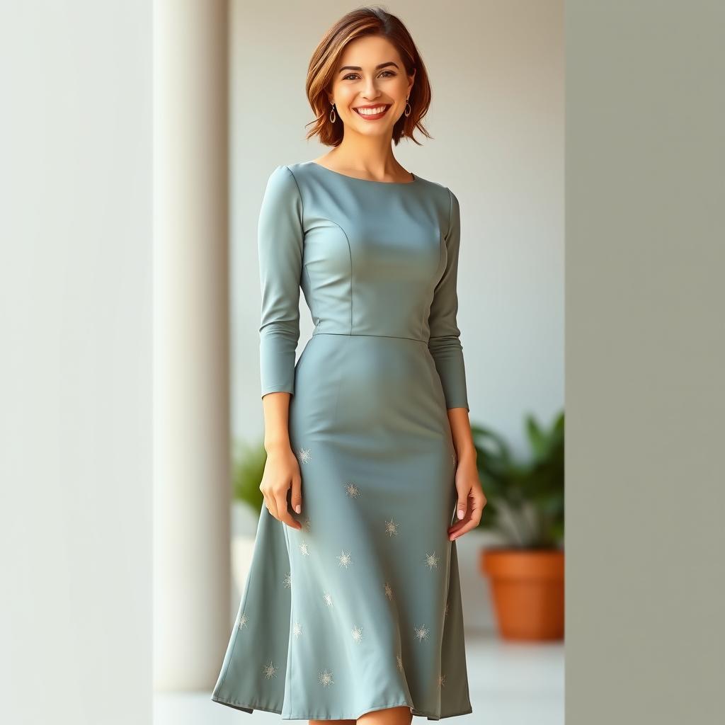 A full-body portrait of a woman standing confidently in a stylish dress