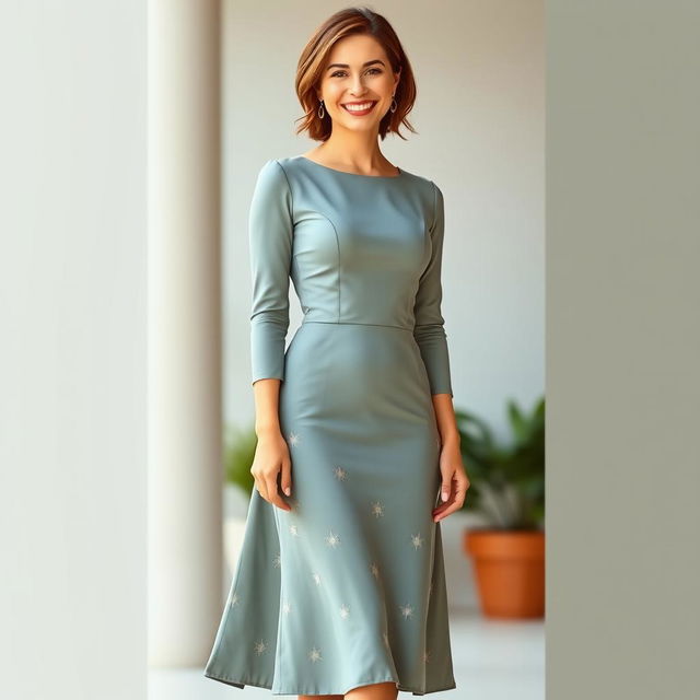 A full-body portrait of a woman standing confidently in a stylish dress