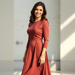 A full-body portrait of a woman standing confidently in a stylish dress