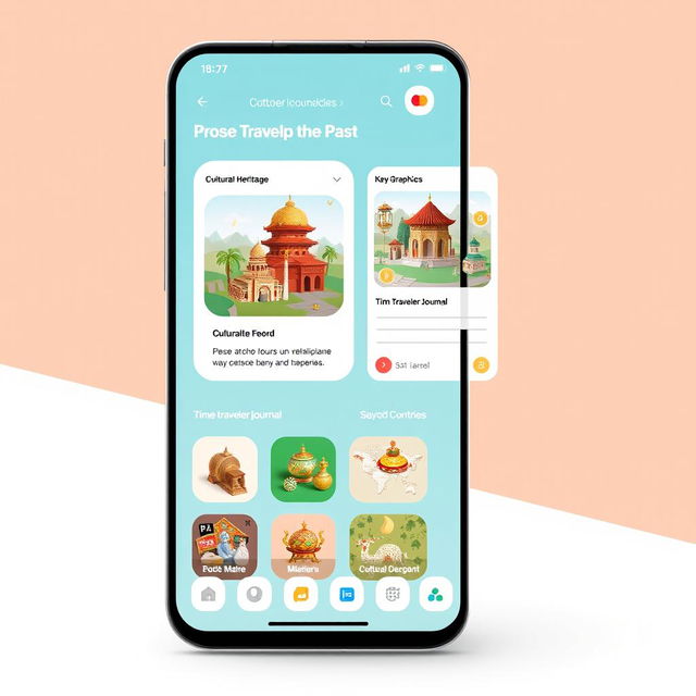 A sleek and modern app interface for a cultural connection app named 'Preserving the Past, Shaping the Future'