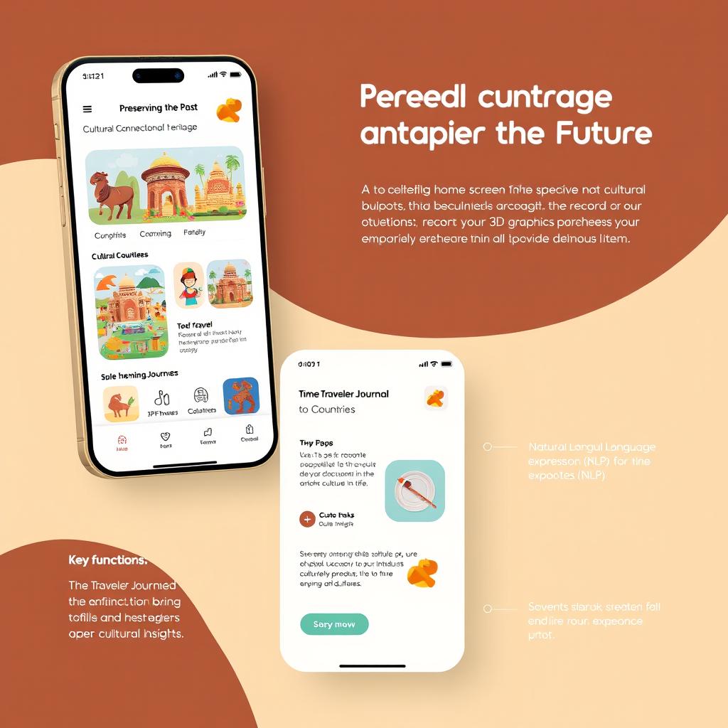 A sleek and modern app interface for a cultural connection app named 'Preserving the Past, Shaping the Future'