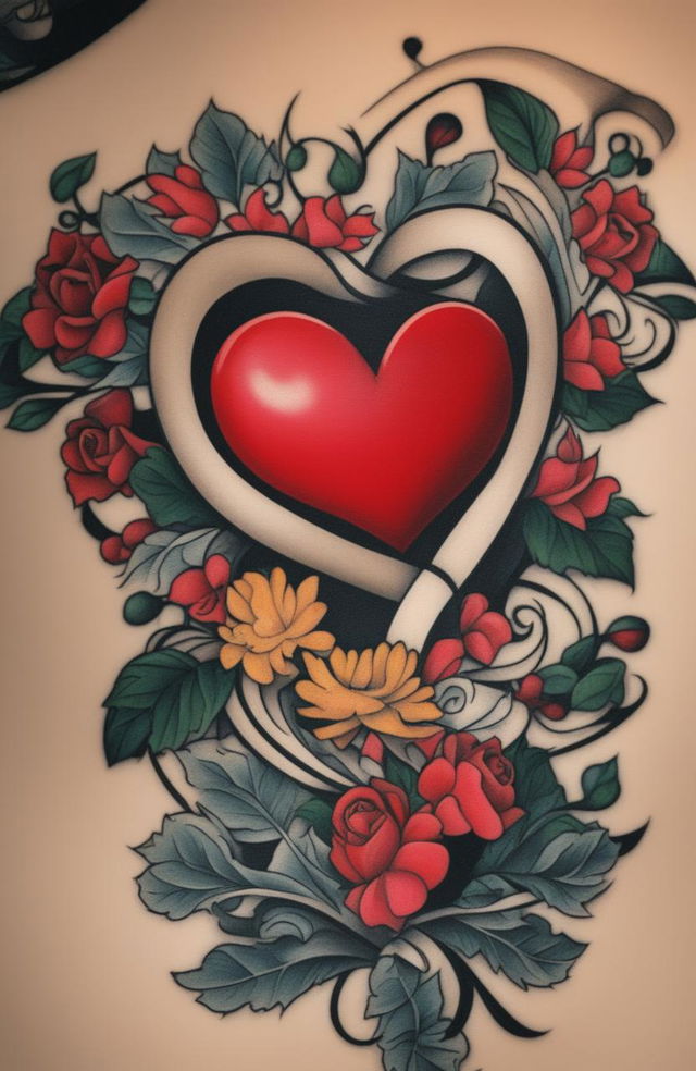 A high-resolution image of a traditional heart tattoo, featuring a vibrant red heart, bold black outlines, and a contrasting white banner