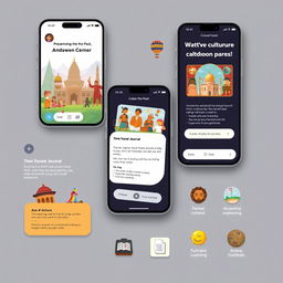 A sleek and modern app interface for a cultural connection app named 'Preserving the Past, Shaping the Future'