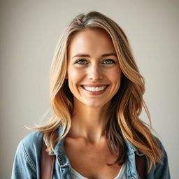A full-length photo of a healthy, active, and friendly woman aged 30-35 with a natural appearance