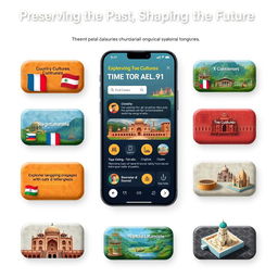An app interface design for a cultural connection app titled 'Preserving the Past, Shaping the Future: Exploring the Cultural Heritage of Various Countries'