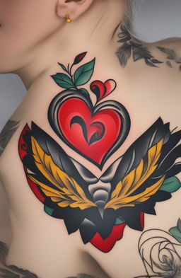 A high-resolution image of a traditional heart tattoo, featuring a vibrant red heart, bold black outlines, and a contrasting white banner