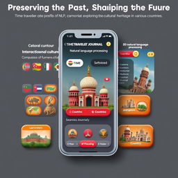 An app interface design for a cultural connection app titled 'Preserving the Past, Shaping the Future: Exploring the Cultural Heritage of Various Countries'