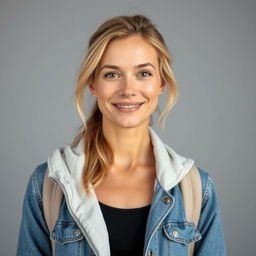 A full-length photo of a woman aged 30-35 with a natural appearance, showcasing minimal makeup and well-groomed hair
