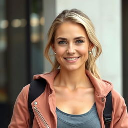 A full-length photo of a woman aged 30-35 with a natural appearance, showcasing minimal makeup and well-groomed hair
