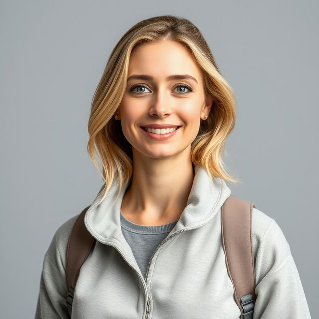 A full-length photo of a woman aged 30-35 with a natural appearance, showcasing minimal makeup and well-groomed hair