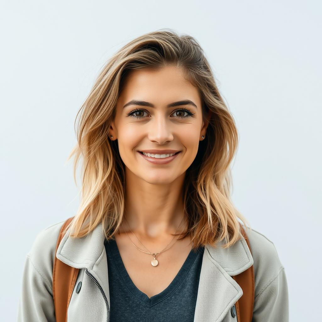A full-length photo of a woman aged 30-35 with a natural appearance, showcasing minimal makeup and well-groomed hair