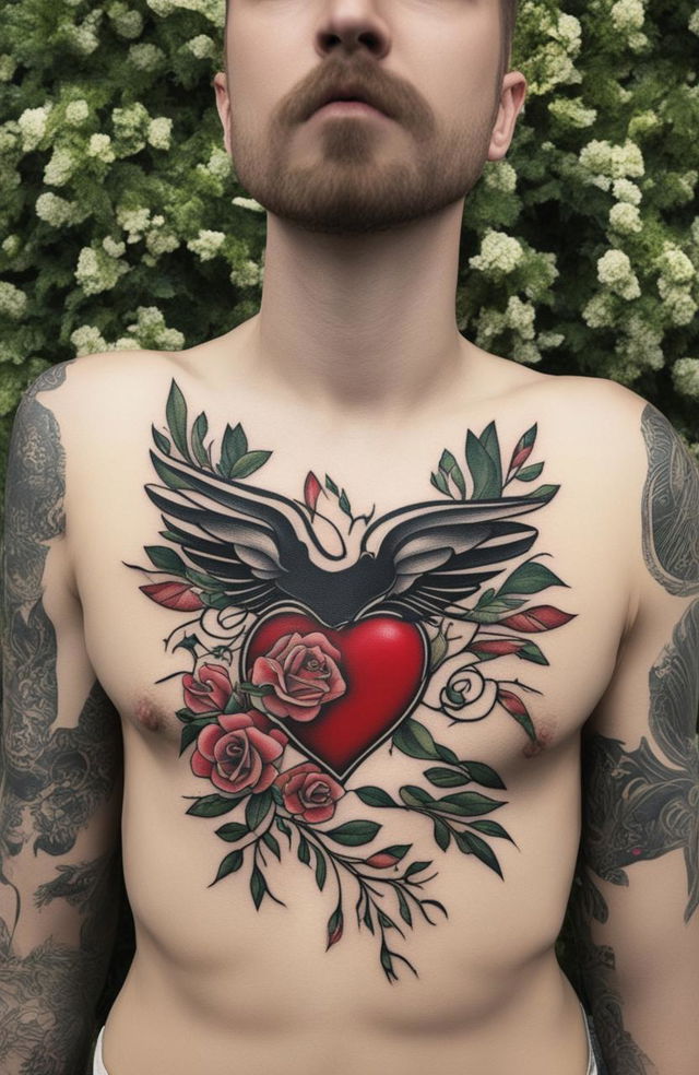 A high-quality image of a traditional heart tattoo on the chest, featuring a vibrant red heart, bold black outlines, and a contrasting white banner