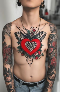 A high-quality image of a traditional heart tattoo on the chest, featuring a vibrant red heart, bold black outlines, and a contrasting white banner