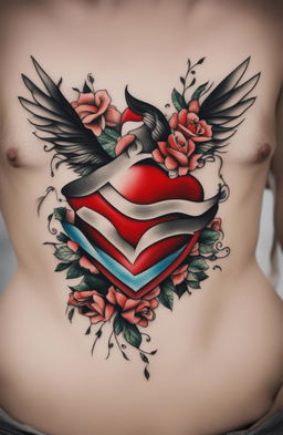 A high-quality image of a traditional heart tattoo on the chest, featuring a vibrant red heart, bold black outlines, and a contrasting white banner