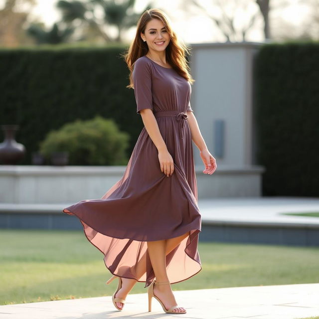 A woman standing confidently in a flowing dress that is not belted or fitted at the waist