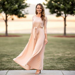 A woman standing confidently in a flowing dress that is not belted or fitted at the waist