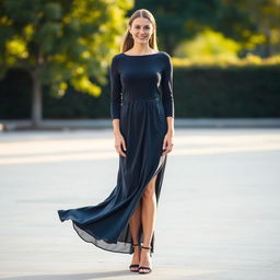A woman standing confidently in a flowing dress that is not belted or fitted at the waist