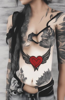 A high-quality image of a traditional heart tattoo on the chest, featuring a vibrant red heart, bold black outlines, and a contrasting white banner