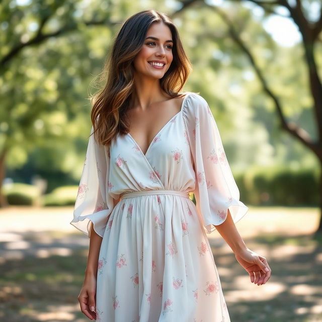 A beautiful woman, height 5'4", wearing a flowy, loose-fitting dress that elegantly falls around her figure without a belt or any tightness at the waist