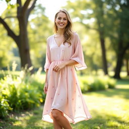 A beautiful woman, height 5'4", wearing a flowy, loose-fitting dress that elegantly falls around her figure without a belt or any tightness at the waist