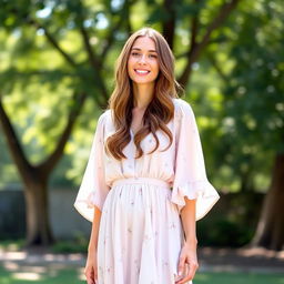 A beautiful woman, height 5'4", wearing a flowy, loose-fitting dress that elegantly falls around her figure without a belt or any tightness at the waist