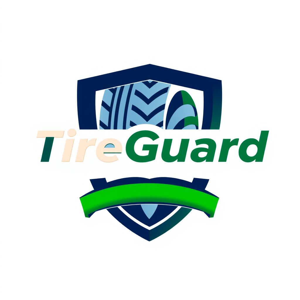 A sleek and modern logo design for 'TireGuard', incorporating elements of a tire and a shield to symbolize protection