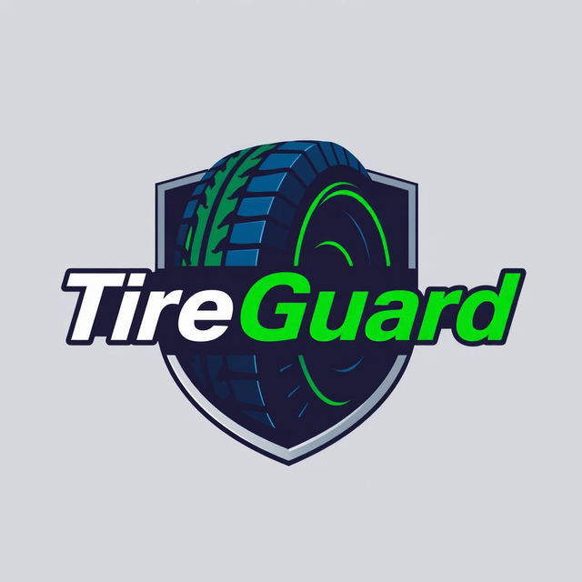 A sleek and modern logo design for 'TireGuard', incorporating elements of a tire and a shield to symbolize protection