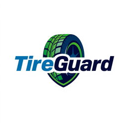 A sleek and modern logo design for 'TireGuard', incorporating elements of a tire and a shield to symbolize protection