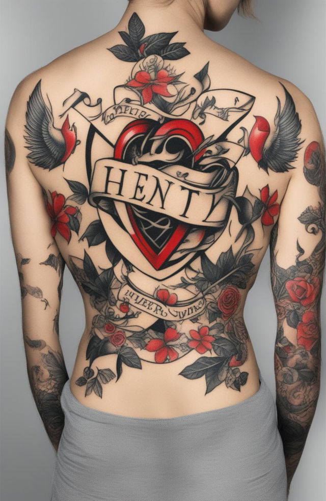 A high-quality image of a traditional heart tattoo, featuring a vibrant red heart, bold black outlines, and a contrasting white banner