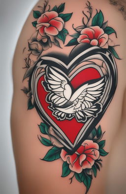 A high-quality image of a traditional heart tattoo, featuring a vibrant red heart, bold black outlines, and a contrasting white banner