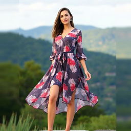 A stylish woman wearing a flowy, one-piece dress that has no belt and is not fitted at the waist, showcasing a loose and comfortable fit