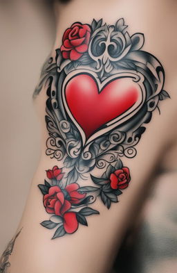 A high-quality image of a traditional heart tattoo, featuring a vibrant red heart, bold black outlines, and a contrasting white banner