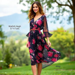 A stylish woman wearing a flowy, one-piece dress that has no belt and is not fitted at the waist, showcasing a loose and comfortable fit