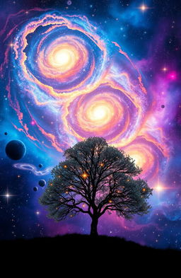 A stunning cosmic scene filled with vibrant colors, showcasing the vast universe bursting with stars, galaxies, and nebulae