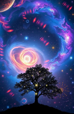 A stunning cosmic scene filled with vibrant colors, showcasing the vast universe bursting with stars, galaxies, and nebulae