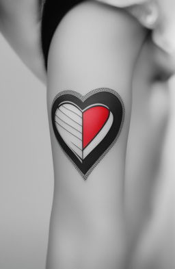 A high-resolution image of a simple traditional heart tattoo, featuring a vibrant red heart and a contrasting white banner